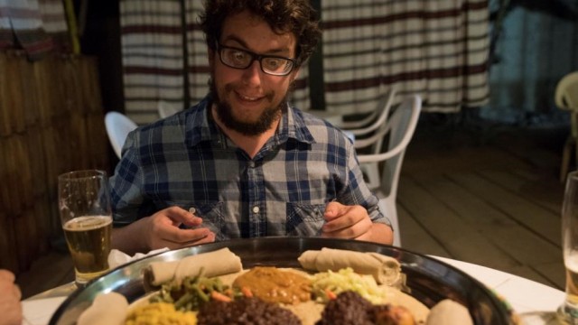 The frazzled photographer looks excitedly at the meal. Photo: Ben Cleeton